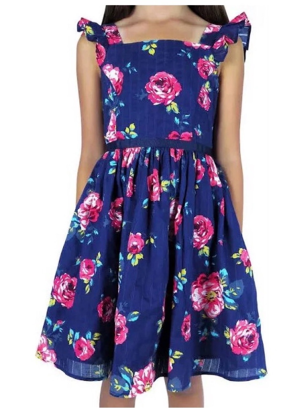 Zunie Girls Cotton Navy & Pink Floral Knee-Length Dress Sz. 10/12